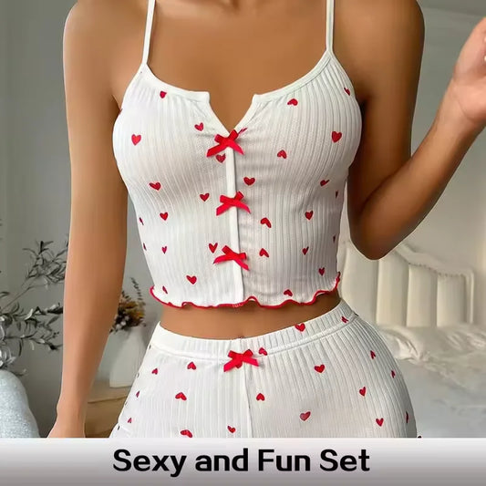 Home Suit Loungewear Heart Print Silk Stain V-Neck Sleeveless Casual Cami Top and Shorts Sets Sexy Sleepwear Women Pajamas Set