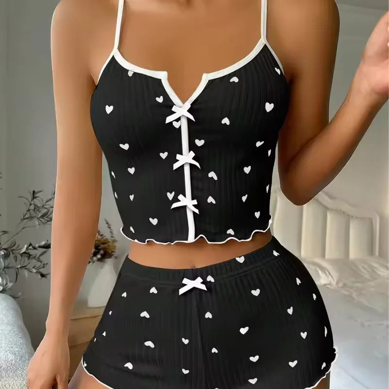 Home Suit Loungewear Heart Print Silk Stain V-Neck Sleeveless Casual Cami Top and Shorts Sets Sexy Sleepwear Women Pajamas Set