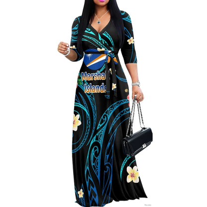 Luxury Marshall Islands Pattern Long Dress for Women Casual 3/4 Sleeve Dresses Maxi Dress Empire Waist Loose with Belt Wholesale