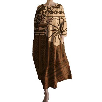 Pacific Island Tribal Design Floral Hawaiian Dresses Women Pocket Loose O-neck Polynesian Clothing Samoan Puletasi Dress