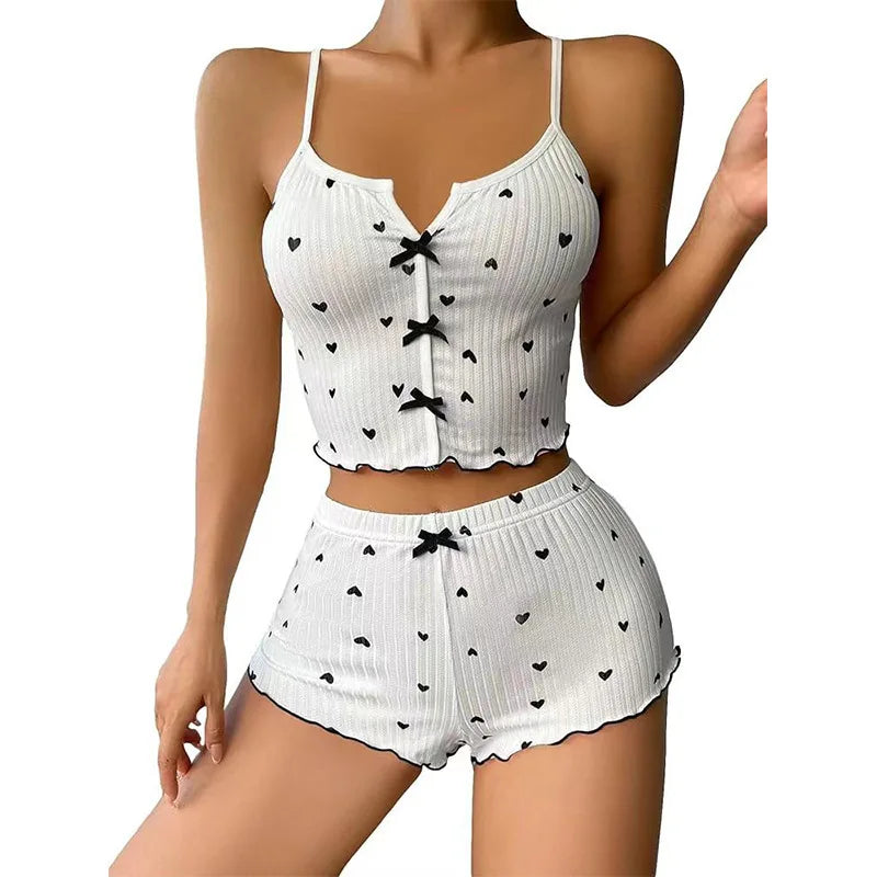 Home Suit Loungewear Heart Print Silk Stain V-Neck Sleeveless Casual Cami Top and Shorts Sets Sexy Sleepwear Women Pajamas Set