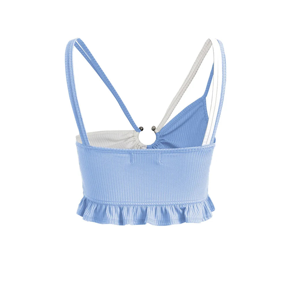 W4060 Ins Style Women Sexy tank Top Fashion Girls Hot Sexy Contrasting Color Halter Hollow Out Ruffles Camisole Top