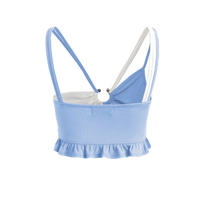 W4060 Ins Style Women Sexy tank Top Fashion Girls Hot Sexy Contrasting Color Halter Hollow Out Ruffles Camisole Top