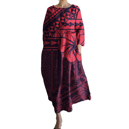 Pacific Island Tribal Design Floral Hawaiian Dresses Women Pocket Loose O-neck Polynesian Clothing Samoan Puletasi Dress