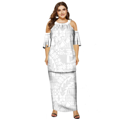 Wholesale Price Island Two Pieces Puletasi Hawaii Party Dress Polynesian Tribal Print White Lady O-neck Puletasi Dresses