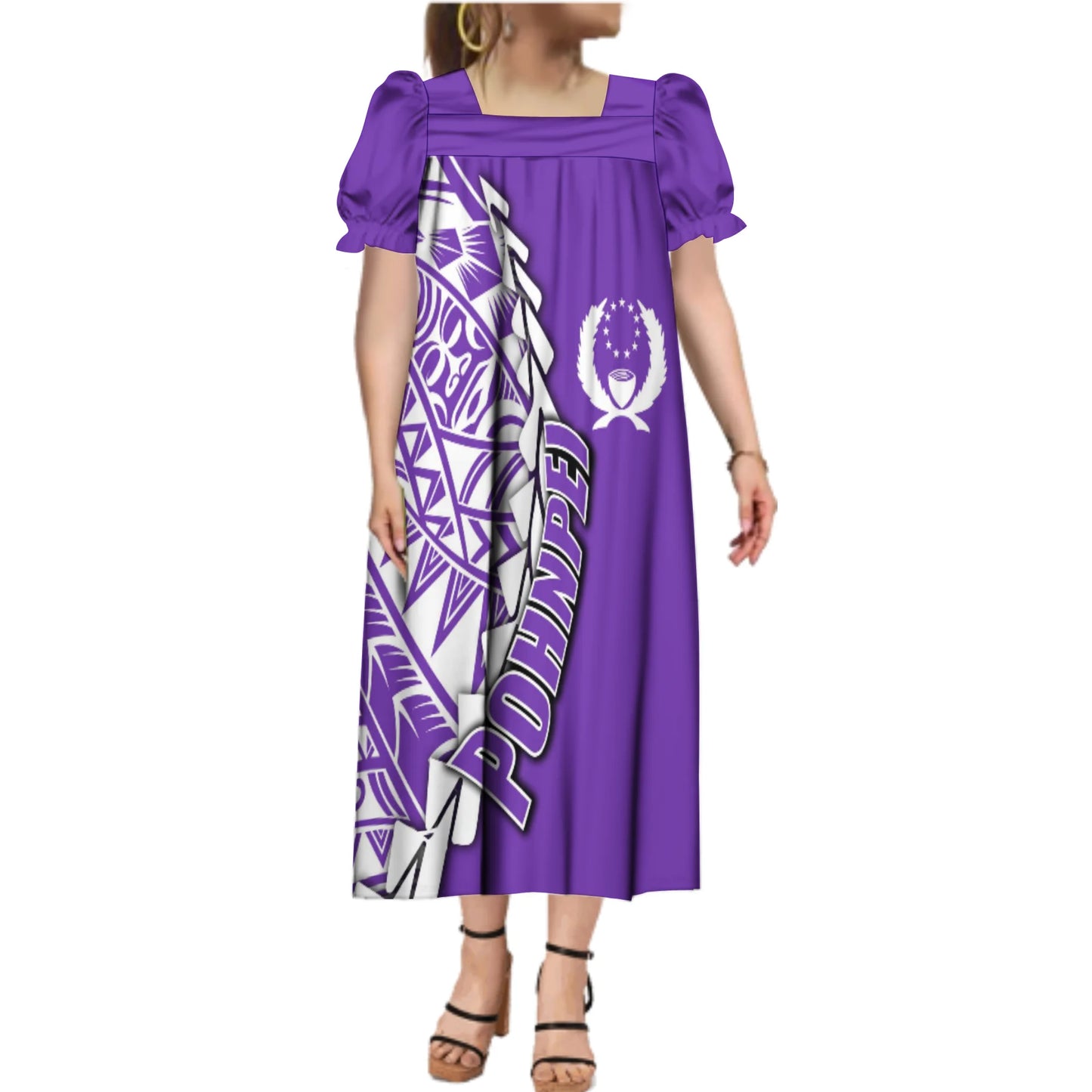 Custom Big Size Pohnpei Micronesia Dresses Micronesian Mumu Purple Summer Puff Short Sleeve Puffy Long Loose Casual Ladies Dress