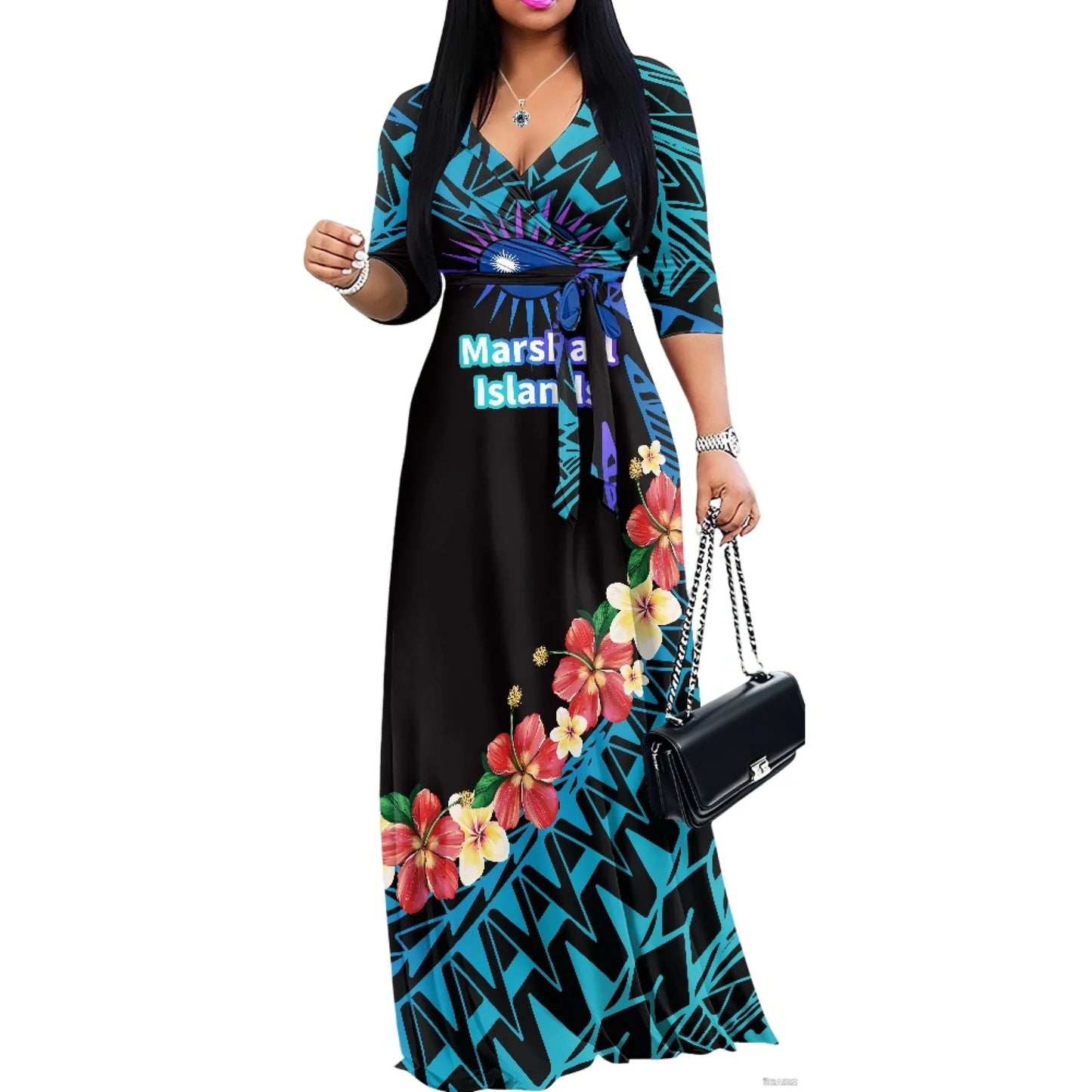 Luxury Marshall Islands Pattern Long Dress for Women Casual 3/4 Sleeve Dresses Maxi Dress Empire Waist Loose with Belt Wholesale