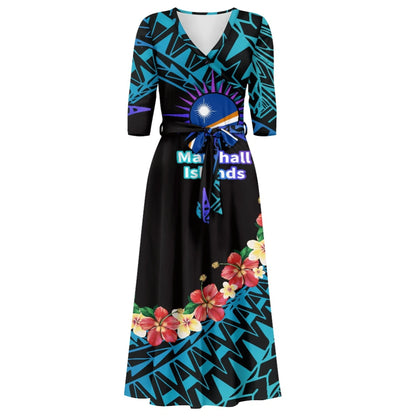 Luxury Marshall Islands Pattern Long Dress for Women Casual 3/4 Sleeve Dresses Maxi Dress Empire Waist Loose with Belt Wholesale