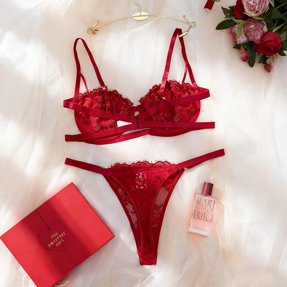 2025 New Women Sexy Two Piece Red Lace Lingerie Floral Embroidery Butterfly Bodysuit Chiffon Half Slips for Ladies and Girls