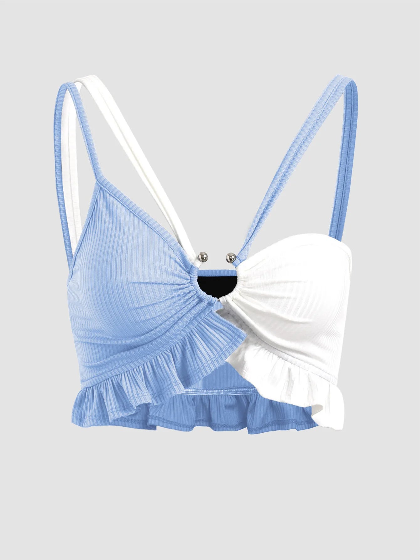 W4060 Ins Style Women Sexy tank Top Fashion Girls Hot Sexy Contrasting Color Halter Hollow Out Ruffles Camisole Top