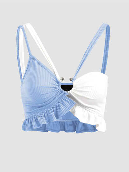 W4060 Ins Style Women Sexy tank Top Fashion Girls Hot Sexy Contrasting Color Halter Hollow Out Ruffles Camisole Top