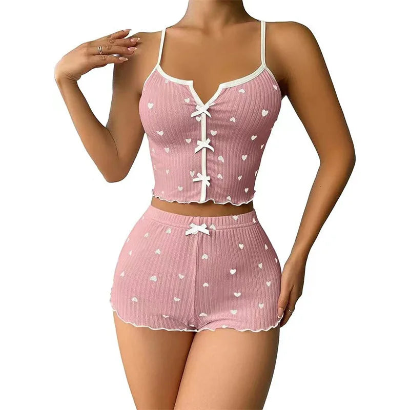 Home Suit Loungewear Heart Print Silk Stain V-Neck Sleeveless Casual Cami Top and Shorts Sets Sexy Sleepwear Women Pajamas Set