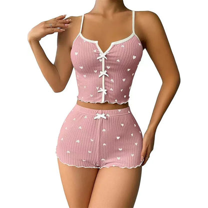 Home Suit Loungewear Heart Print Silk Stain V-Neck Sleeveless Casual Cami Top and Shorts Sets Sexy Sleepwear Women Pajamas Set