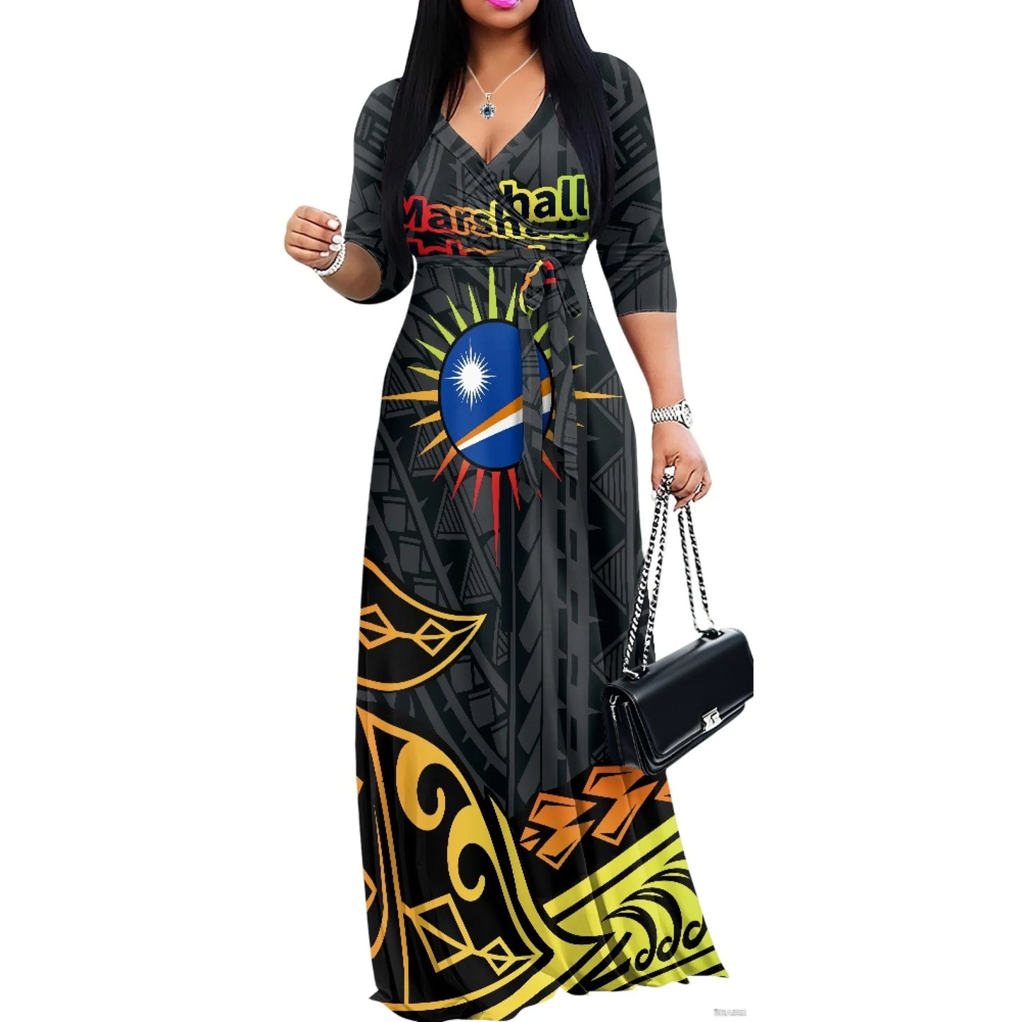 Luxury Marshall Islands Pattern Long Dress for Women Casual 3/4 Sleeve Dresses Maxi Dress Empire Waist Loose with Belt Wholesale