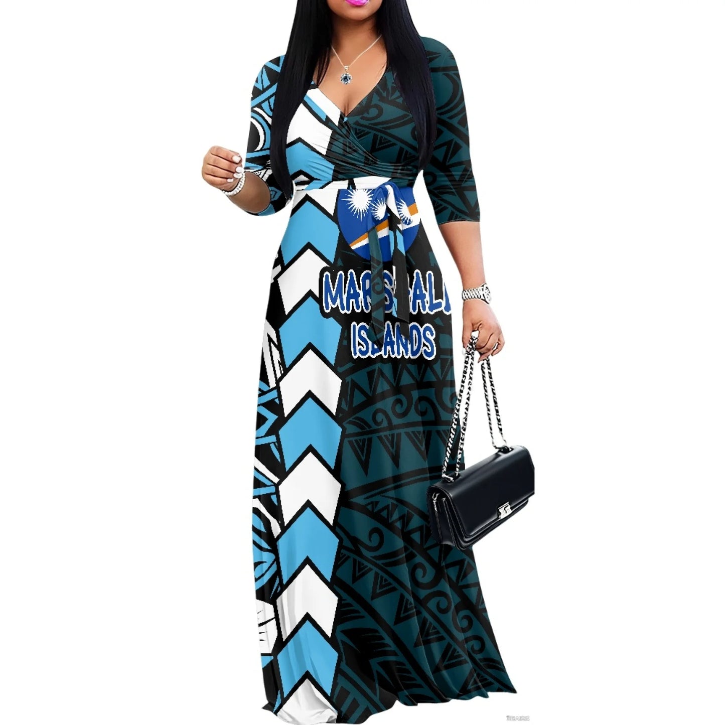 Luxury Marshall Islands Pattern Long Dress for Women Casual 3/4 Sleeve Dresses Maxi Dress Empire Waist Loose with Belt Wholesale