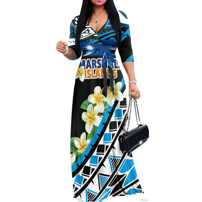 Luxury Marshall Islands Pattern Long Dress for Women Casual 3/4 Sleeve Dresses Maxi Dress Empire Waist Loose with Belt Wholesale