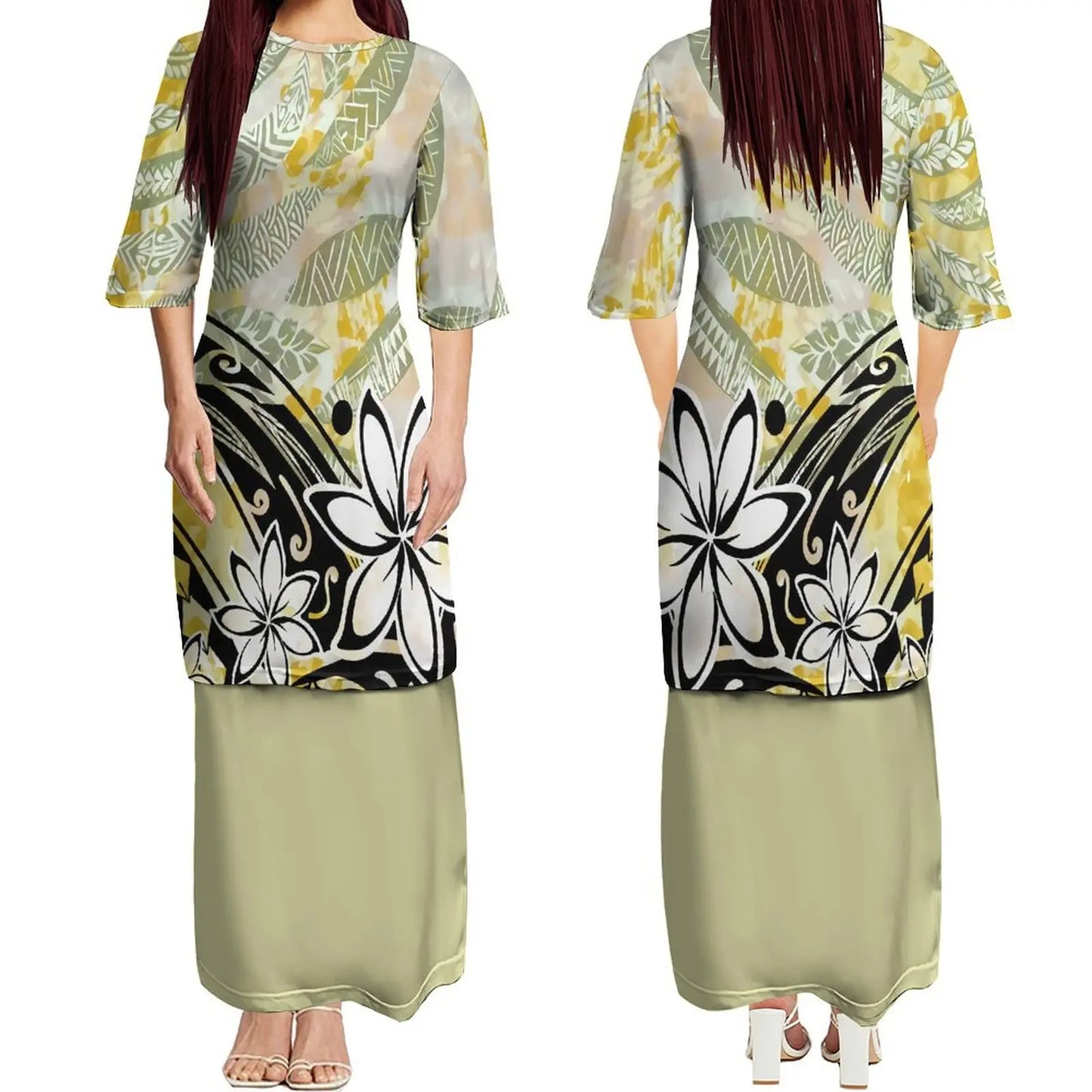 Custom New Polynesian Round Neck Samoan Puletasi Long Top And Skirt Two-Piece Plus Size Women'S Formal Occasion Dress