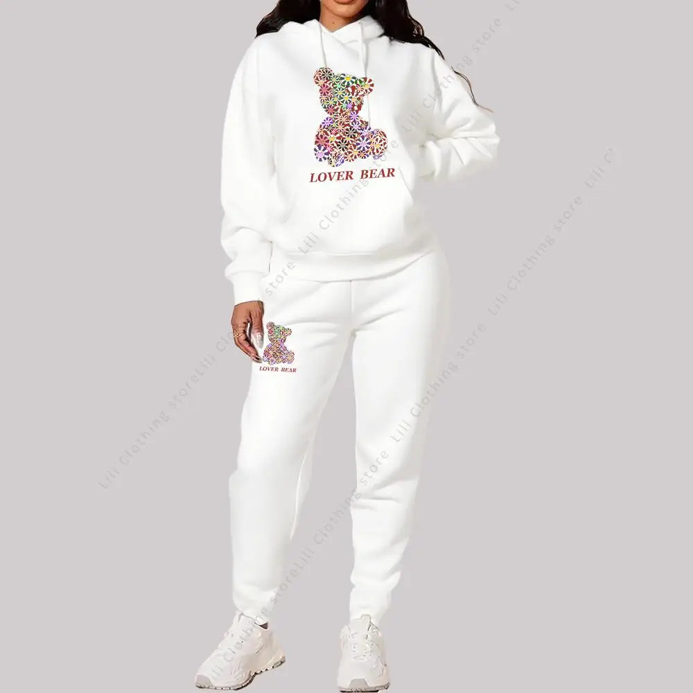 Women's Sets Hoodies Pants Outfits Suit 2025 New Sportswear Sweatsuit Bear Graphic Letter Print Aesthetic Trend Ladies Tracksuit