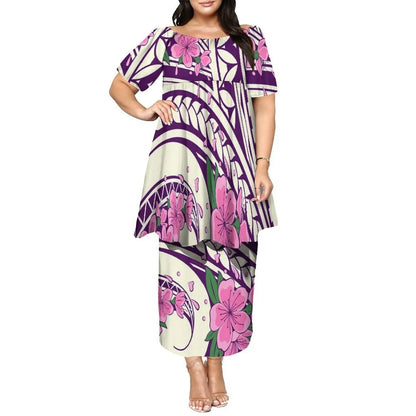 Newly Designed Women'S Round-Neck Top And Fitted Long Dress Polynesian Island-Style Pattern Pacific Puletasi Suit
