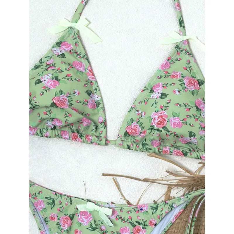 Sexy Triangular Print Bikini Two-Piece Swimsuit with Bow Tie Strap Polyester Fabric Floral Pattern Small Fresh Style for Women