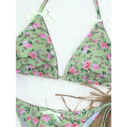 Sexy Triangular Print Bikini Two-Piece Swimsuit with Bow Tie Strap Polyester Fabric Floral Pattern Small Fresh Style for Women