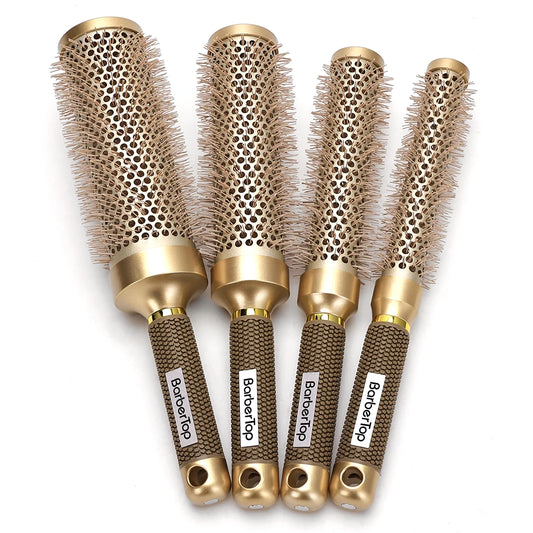 4 Sizes Of Curly Hair Comb Round Hair Comb Wild Boar Mane Hot Air Curly Hair Comb Gold Aluminum Tube Hairdressing Styling Comb