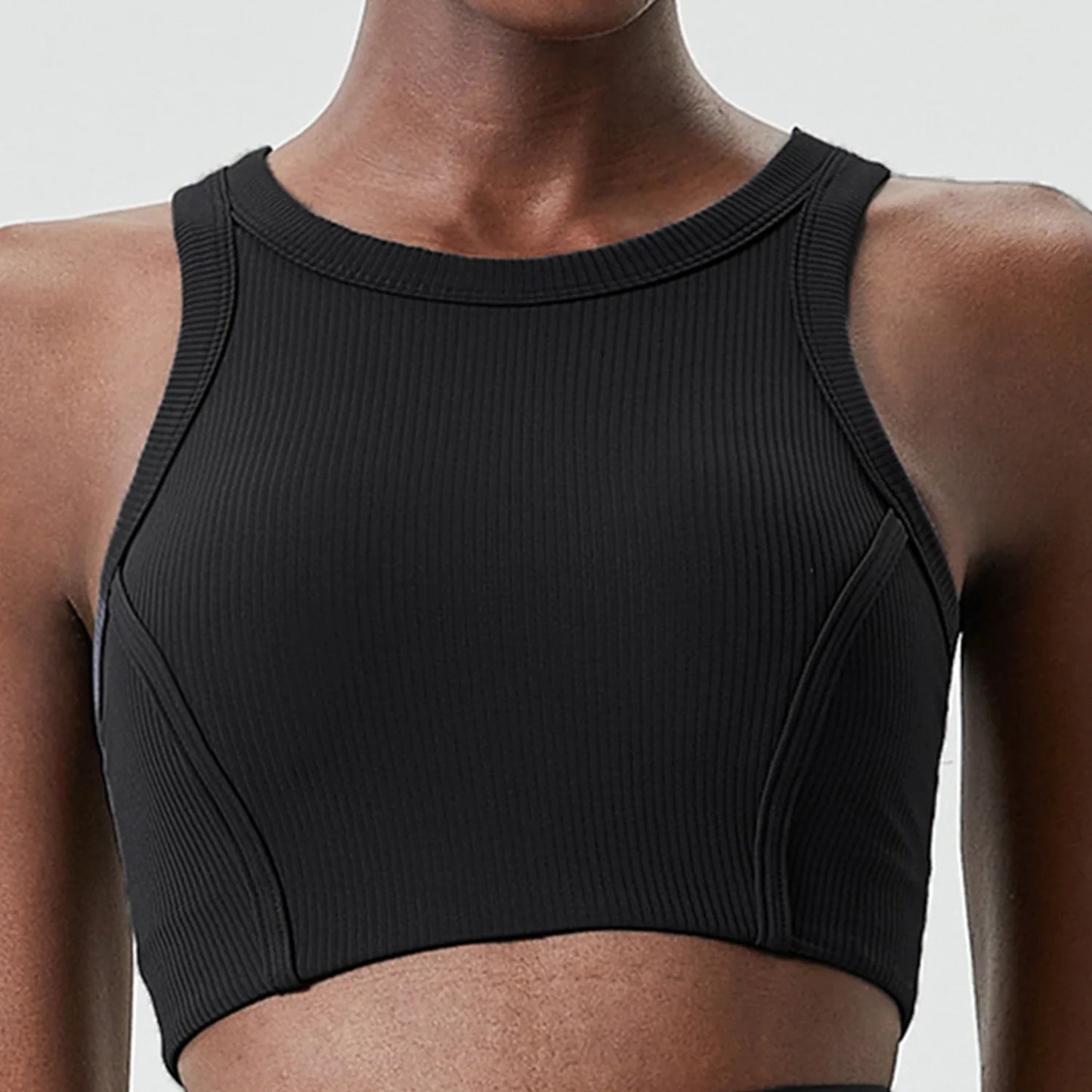 High Impact Fitness Yoga Bra Super Stretch Round Neck Gym Crop Top Ribbed Fabric Sleeveless Running Vest Female Sportswear