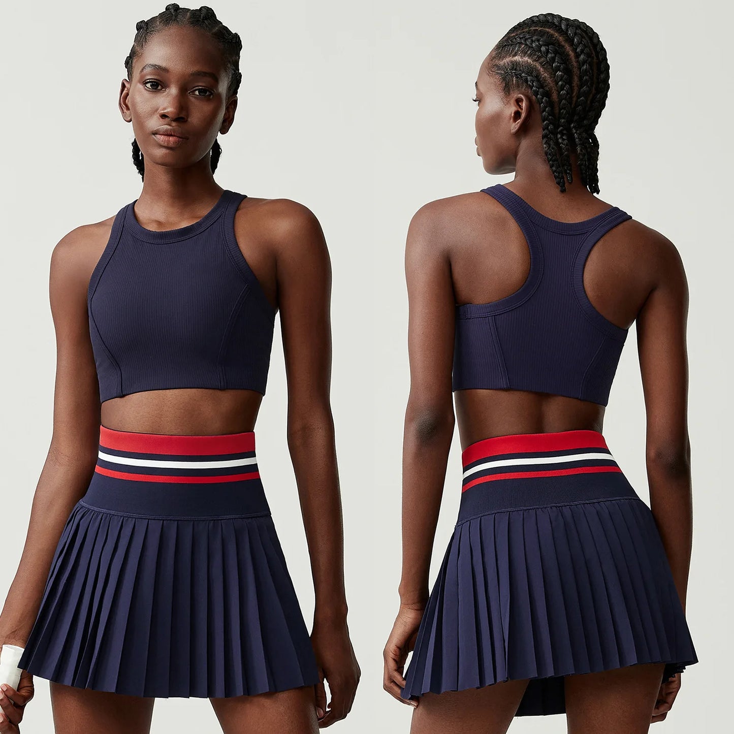 Women Short Sportswear Two Pieces Fitness Yoga Set High Waist Tennis Skirt Crop Top Gym Suit Female Breathable Sportswear