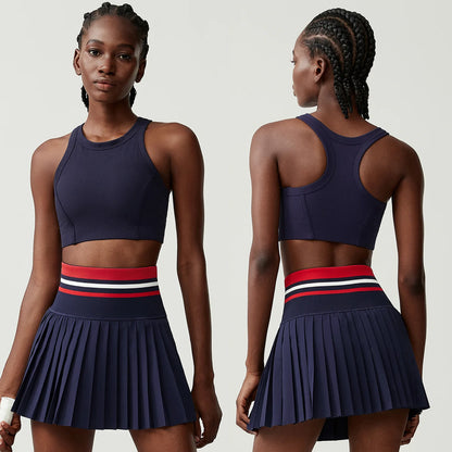 Women Short Sportswear Two Pieces Fitness Yoga Set High Waist Tennis Skirt Crop Top Gym Suit Female Breathable Sportswear