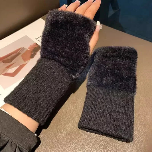 Women's soft mink wool middle finger gloves, solid black plush knitted wrist glo