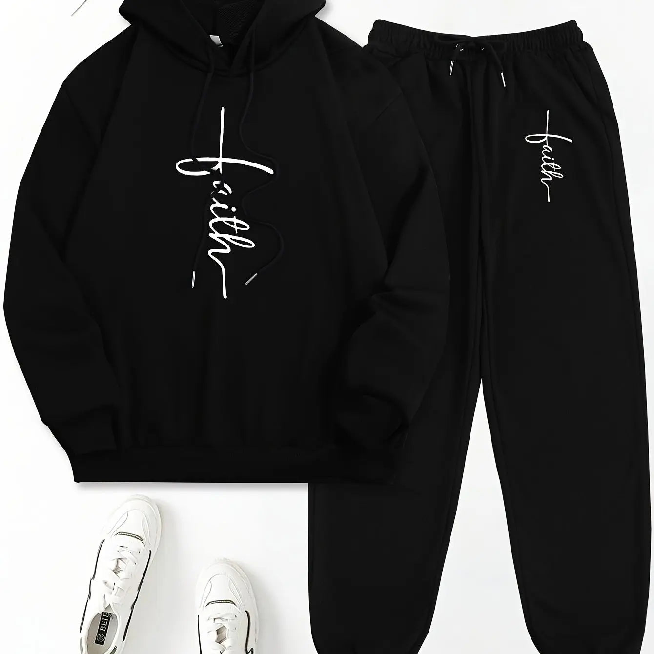 Women's Autumn/Winter Hoodie+Sports Pants Set Hip Hop Street Casual Faith Cross Printed Fashion Velvet Warm Clothing