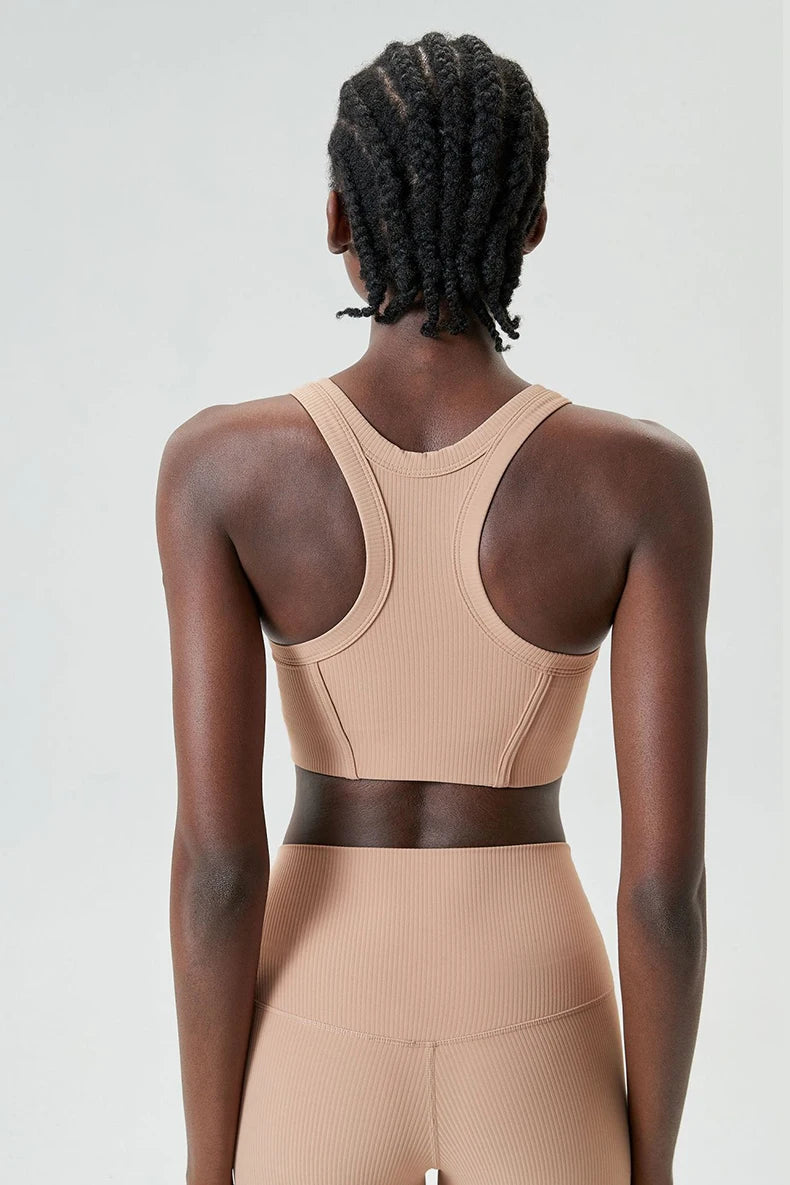 High Impact Fitness Yoga Bra Super Stretch Round Neck Gym Crop Top Ribbed Fabric Sleeveless Running Vest Female Sportswear