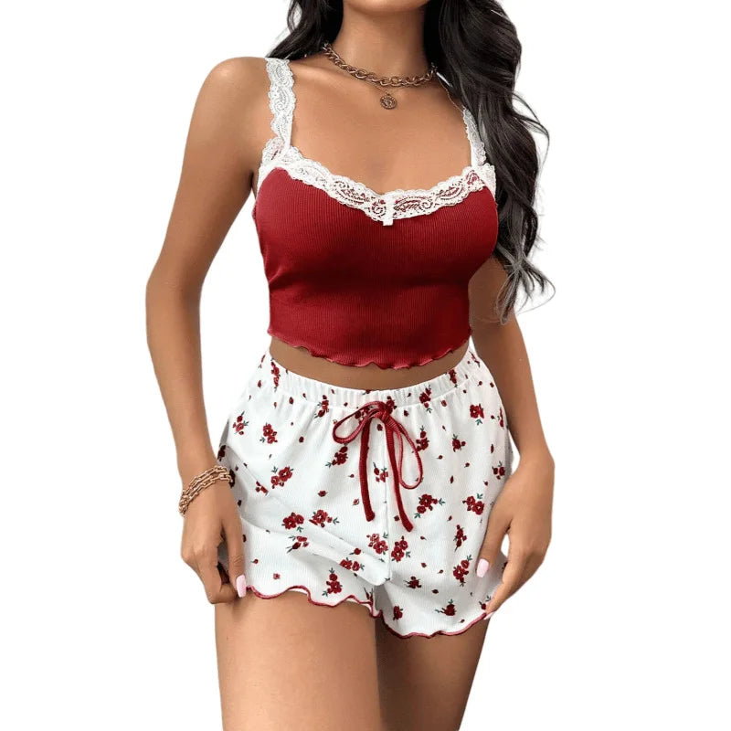 Pajamas Suit Women 2 Piece Sets Camisole Shorts Loungewear Lace Flower Print Sling Top Short Pants Outfits Summer Sleepwear
