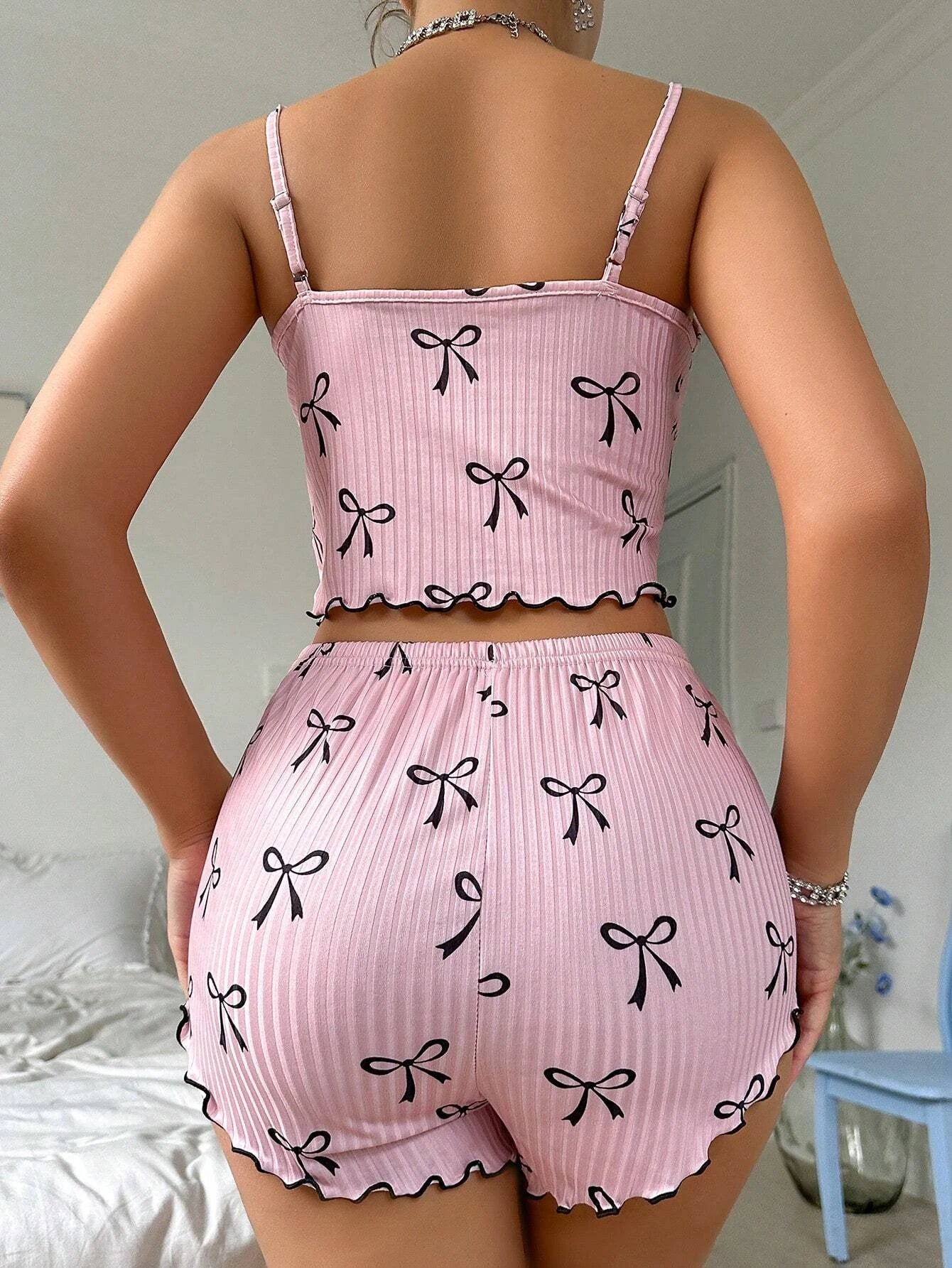 Pink Sleepwear Women's Summer Pajama Set Cute Bowknot Print Sexy Ribbed Bow Decor Round Neck Backless Crop Cami Top & Shorts
