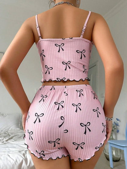 Pink Sleepwear Women's Summer Pajama Set Cute Bowknot Print Sexy Ribbed Bow Decor Round Neck Backless Crop Cami Top & Shorts