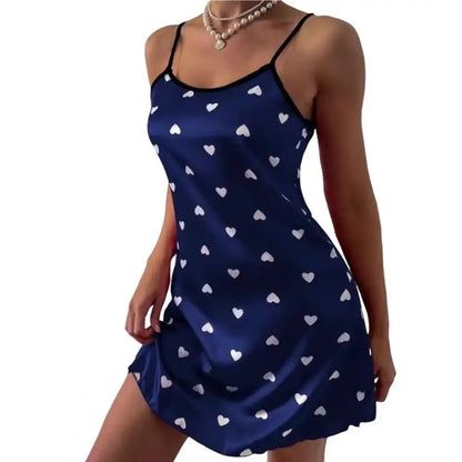 Sexy Women Nightdress Heart Print Pullover Comfortable Satin Smooth Surface Women Nightwear Sleeping Sleepwear