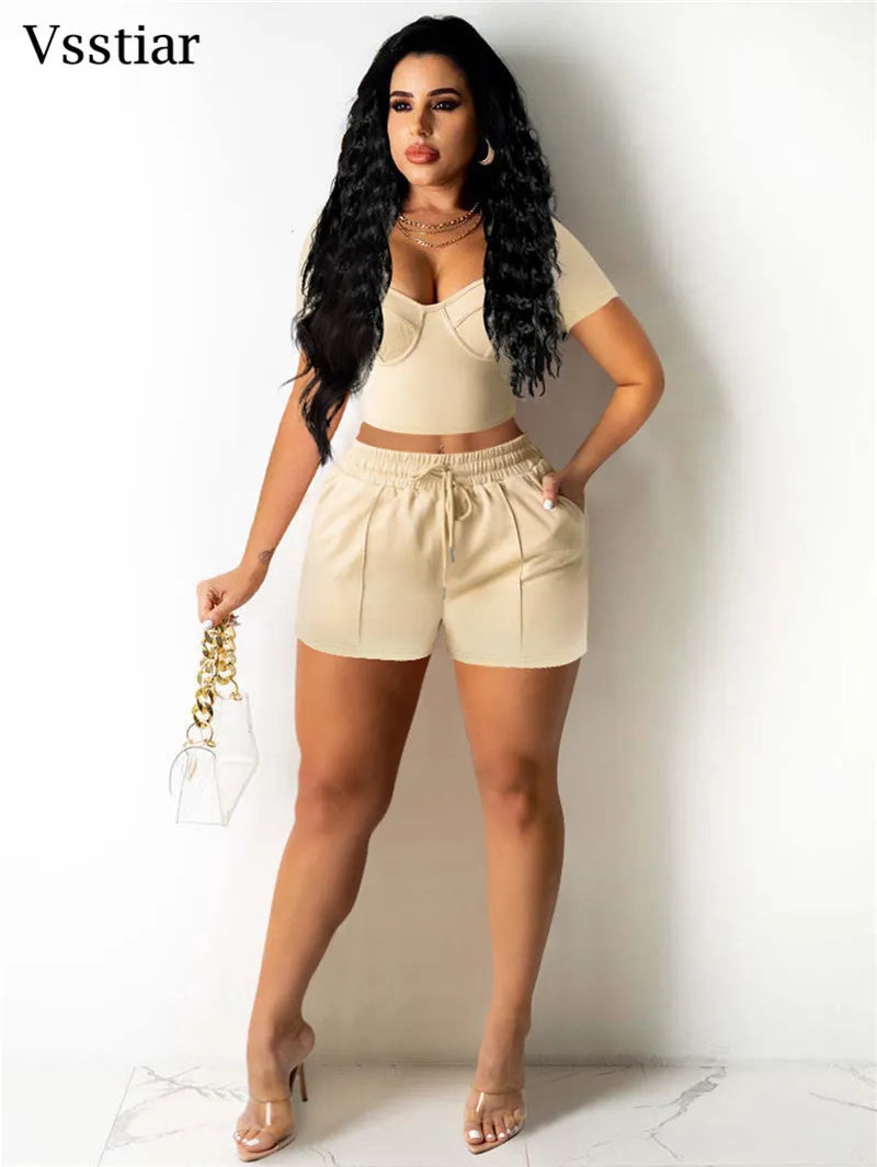 Vsstiar Short Sleeve Square Collar Crop Top And Shorts Summer Solid Color Slim Women Two Piece Set Fashion Casual Tracksuit