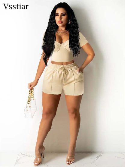 Vsstiar Short Sleeve Square Collar Crop Top And Shorts Summer Solid Color Slim Women Two Piece Set Fashion Casual Tracksuit