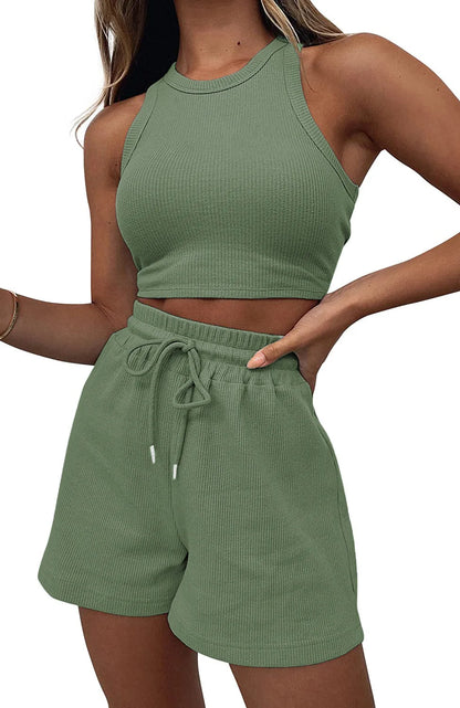 2025 Summer Two Piece Set Women New Fashion Casual Beach Lace Up Elastic Waist Solid Color Sleeveless Vest Crop Tops Short Sets