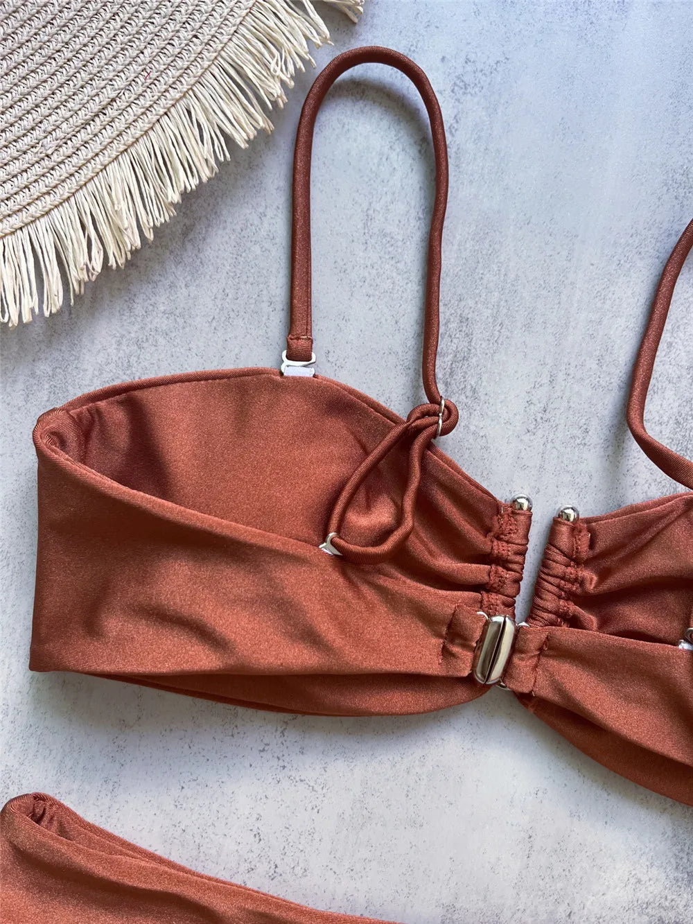 Brown Shiny U Shaped Bikini High Waist Sexy Swimsuit Women 2025 Wrinkled Solid Swimwears Bathing Suit Bandeau Bikinis Sets Mujer