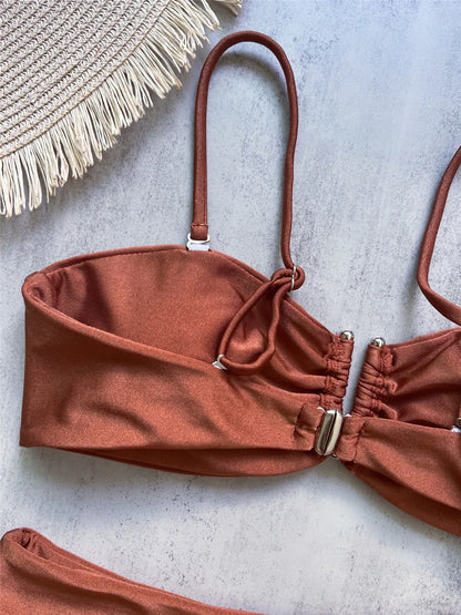 Brown Shiny U Shaped Bikini High Waist Sexy Swimsuit Women 2025 Wrinkled Solid Swimwears Bathing Suit Bandeau Bikinis Sets Mujer