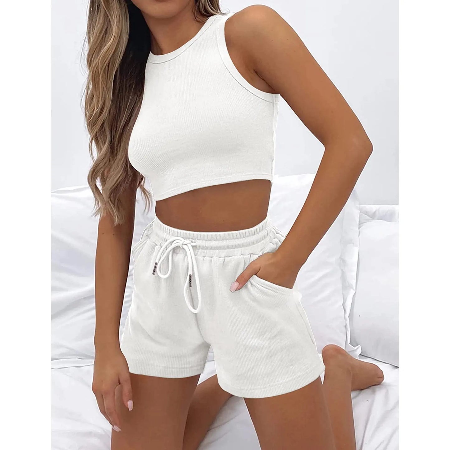 2025 Summer Two Piece Set Women New Fashion Casual Beach Lace Up Elastic Waist Solid Color Sleeveless Vest Crop Tops Short Sets