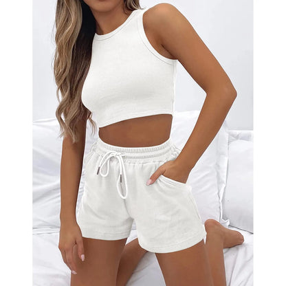 2025 Summer Two Piece Set Women New Fashion Casual Beach Lace Up Elastic Waist Solid Color Sleeveless Vest Crop Tops Short Sets