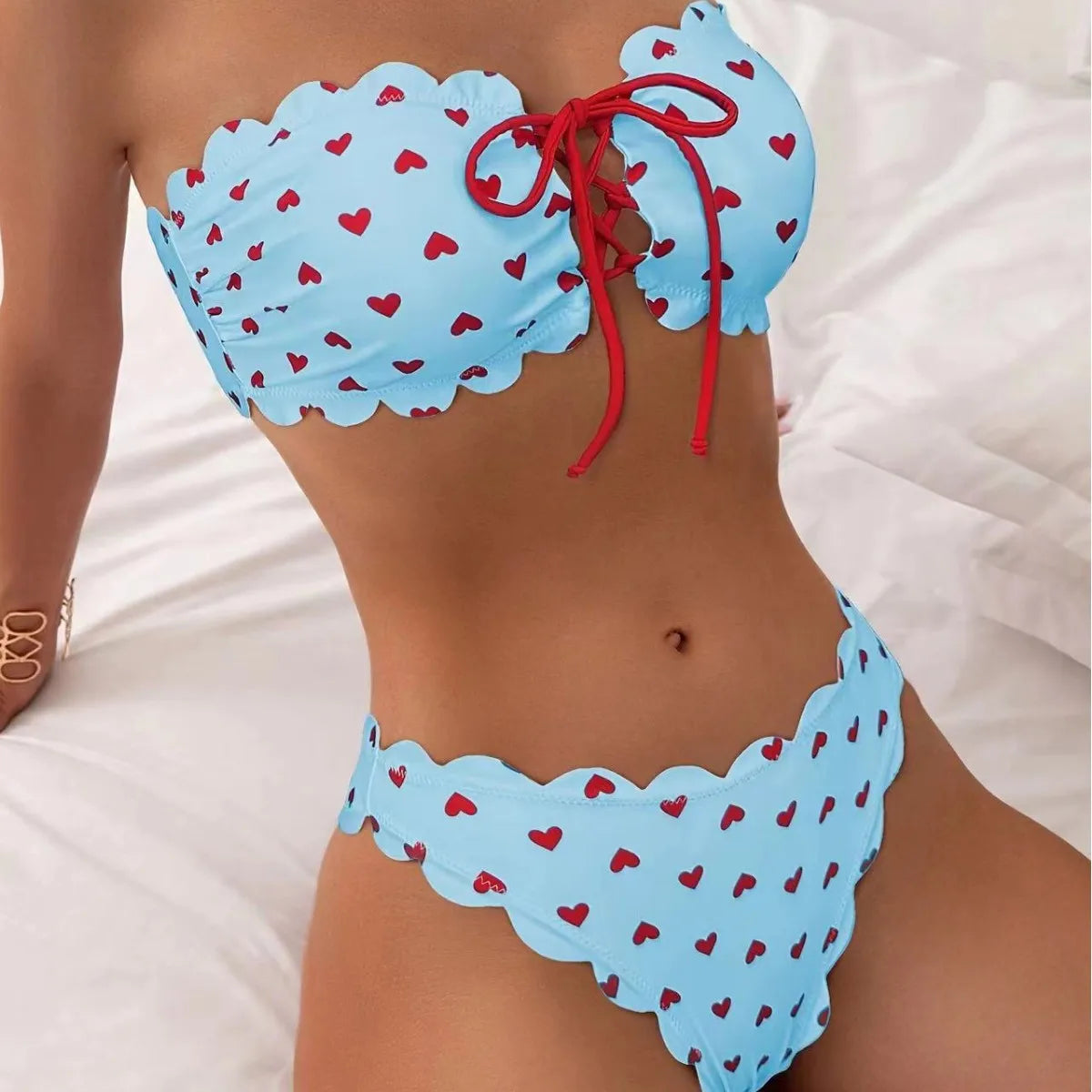 Spotted Swimwear Women 2025 Bandeau Top Bikini Set Bathing Suit Two Piece Swimsuit Swimming Costumes for Woman Biquinis