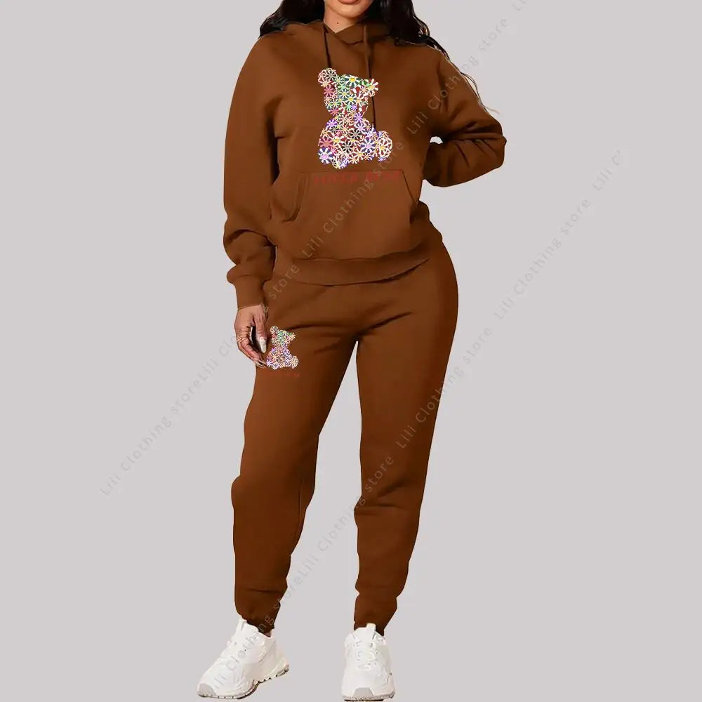 Women's Sets Hoodies Pants Outfits Suit 2025 New Sportswear Sweatsuit Bear Graphic Letter Print Aesthetic Trend Ladies Tracksuit