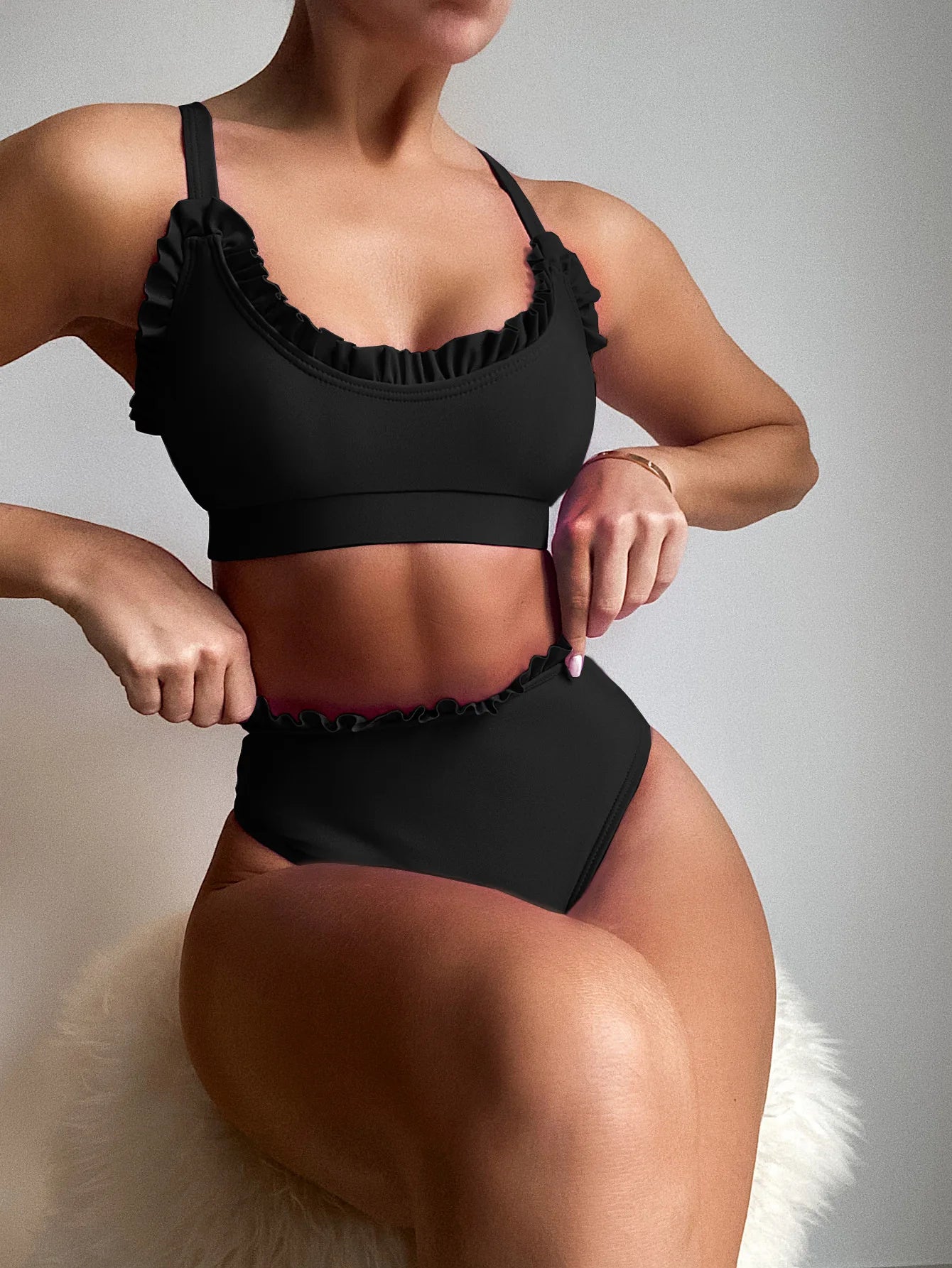 Bikini 2025 Sexy Swimwear Swimsuit Women Solid Ruffled High Waist Bikinis Set Bathing Suit Bikini Taille Haute Biquinis Feminino