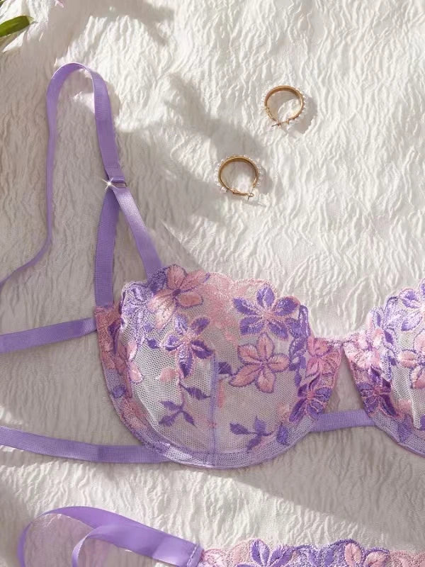 Lady Floral Embroidery Lingerie Set Women Sheer Bra and Brief Underwear Set Satin Sexy Intimates Underwear