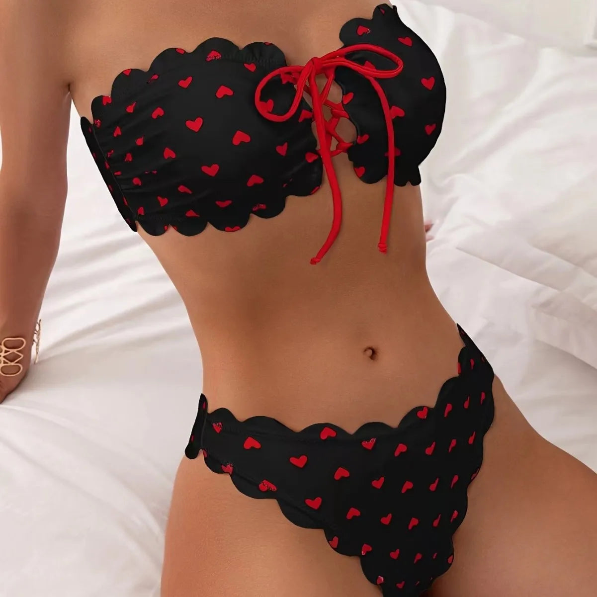 Spotted Swimwear Women 2025 Bandeau Top Bikini Set Bathing Suit Two Piece Swimsuit Swimming Costumes for Woman Biquinis
