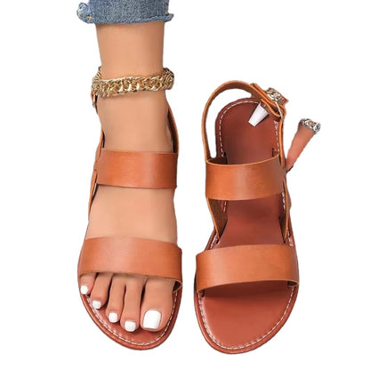 Women Flat Sandals 2023 Leather Cross Strap Rome Style High Quality Summer Ladies Shoes  Buckle Strap