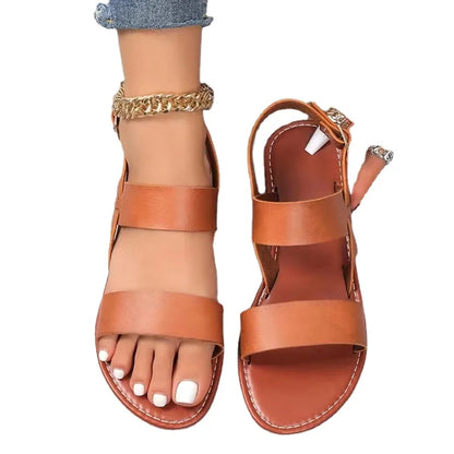 Women Flat Sandals 2023 Leather Cross Strap Rome Style High Quality Summer Ladies Shoes  Buckle Strap